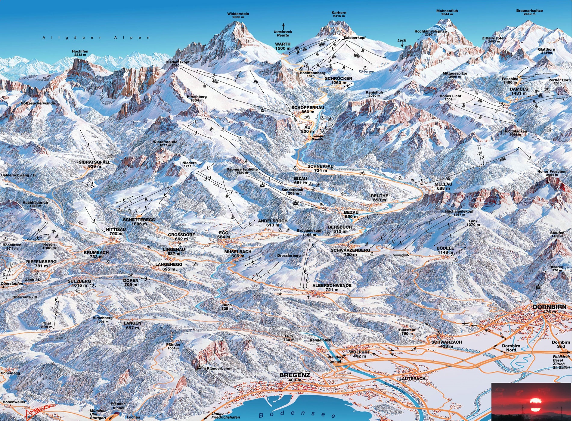 Panoramakarte der Skigebiete: Bregenzerwald, 3-Täler und Arlberg – von Bregenz am Bodensee bis Warth-Schröcken